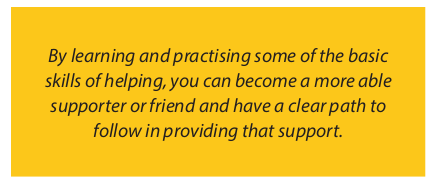 Image of text on a yellow background. The text reads: By learning and practices some of the basic skills of helping, you can be a more able supporter or friend and have a clear path to follow in providing support.