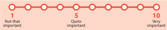 Image of a scale from 1 to 10. 1 is labelled Not that important. 5 is labelled Quite important! 10 is labelled Very important.