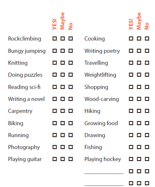 chart of activities. The activities are: rock climbing, bungee jumping, knitting, doing puzzles, reading sci-fi, writing a novel, carpentry, biking, running, photography, playing guitar, cooking, writing poetry, travelling, weightlifting, shopping, woodcarving, hiking, growing food, drawing, fishing, playing hockey. Each activity has a box beside it so you can check YES, Maybe, NO to mark if you would try it.