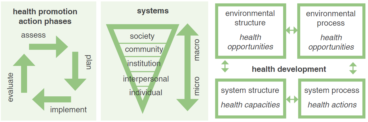 Three charts. The first chart is called health promotion action phases and it shows four arrows forming a a circle. The arrows are titled assess, plan, implement, evaluate. The second chart is called systems. The image is an inverted triangle with a scale on the side from macro to micro. The systems listed from macro to micro are society, community, institution, interpersonal, individual. The third chart is called health development and it shows four boxes with arrows. Written inside the boxes: environmental structure health opportunities, environmental process health opportunities, systems process health opportunities, system structure health opportunities. Arrows show the link between environmental structure health opportunities and environmental process health opportunities, environmental process health opportunities and systems process health opportunities, systems process health opportunities and system structure health opportunities, system structure health opportunities and environmental structure health opportunities