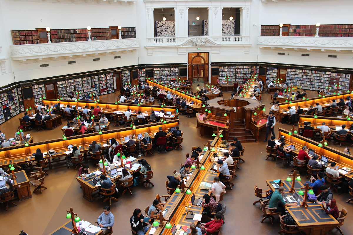 photo of a busy library with many students working in groups at desks