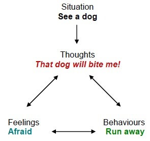 A diagram that shows thoughts, feelings, and behaviors when you fear something (in this case, a dog).